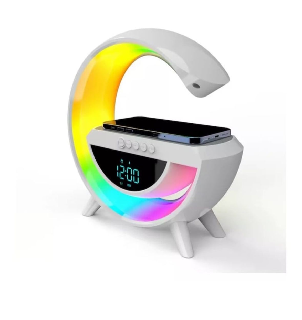 Lampa Smart Multifunctionala 4 in 1, Ceas digital, Alarma, Radio, Boxa Bluetooth, Difuzor 5W, Lumini ambientale LED cu sincronizare muzicala, Incarcator wireless 15W, App control, Alb