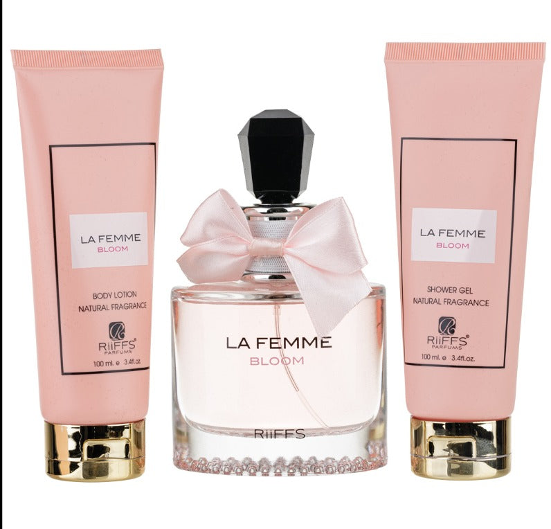 Set Cadou La Femme Bloom Apa de Parfum 100ml + Gel De Dus 100ml + Lotiune de corp 100ml, Riiffs