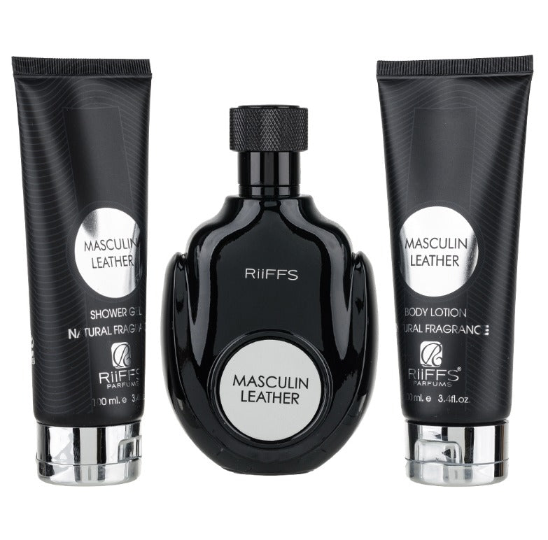 Set Cadou Masculin Leather Apa de Parfum 100ml + Gel De Dus 100ml + Lotiune de corp 100ml, Riiffs