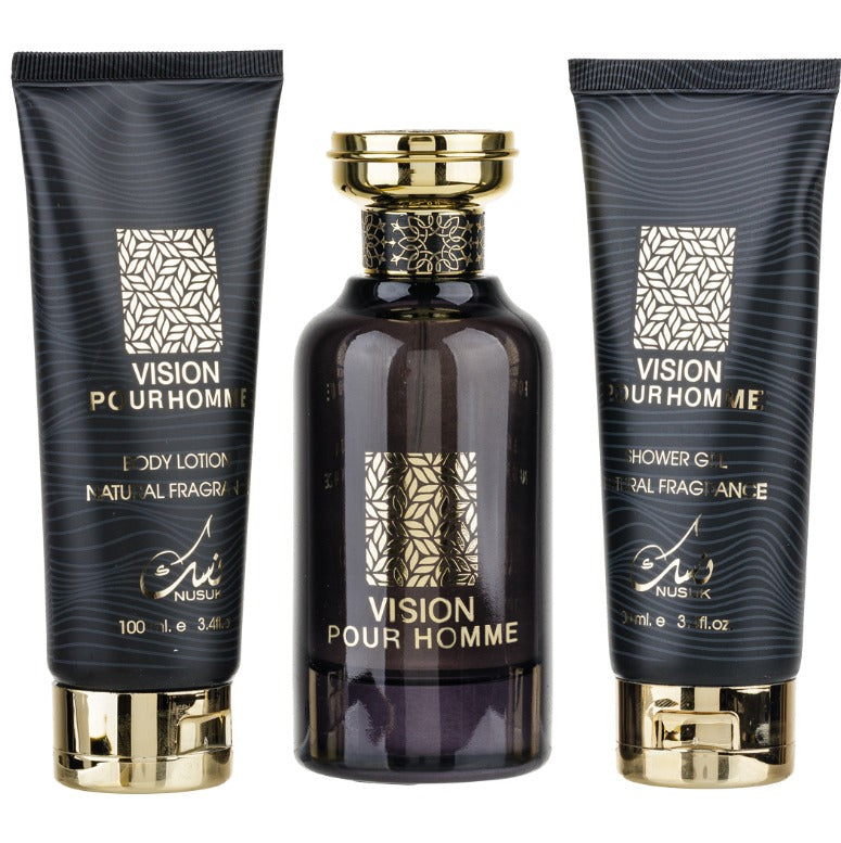 Set Cadou Vision Pour Homme Apa de Parfum 100ml + Gel De Dus 100ml + Lotiune de corp 100ml, Nusuk