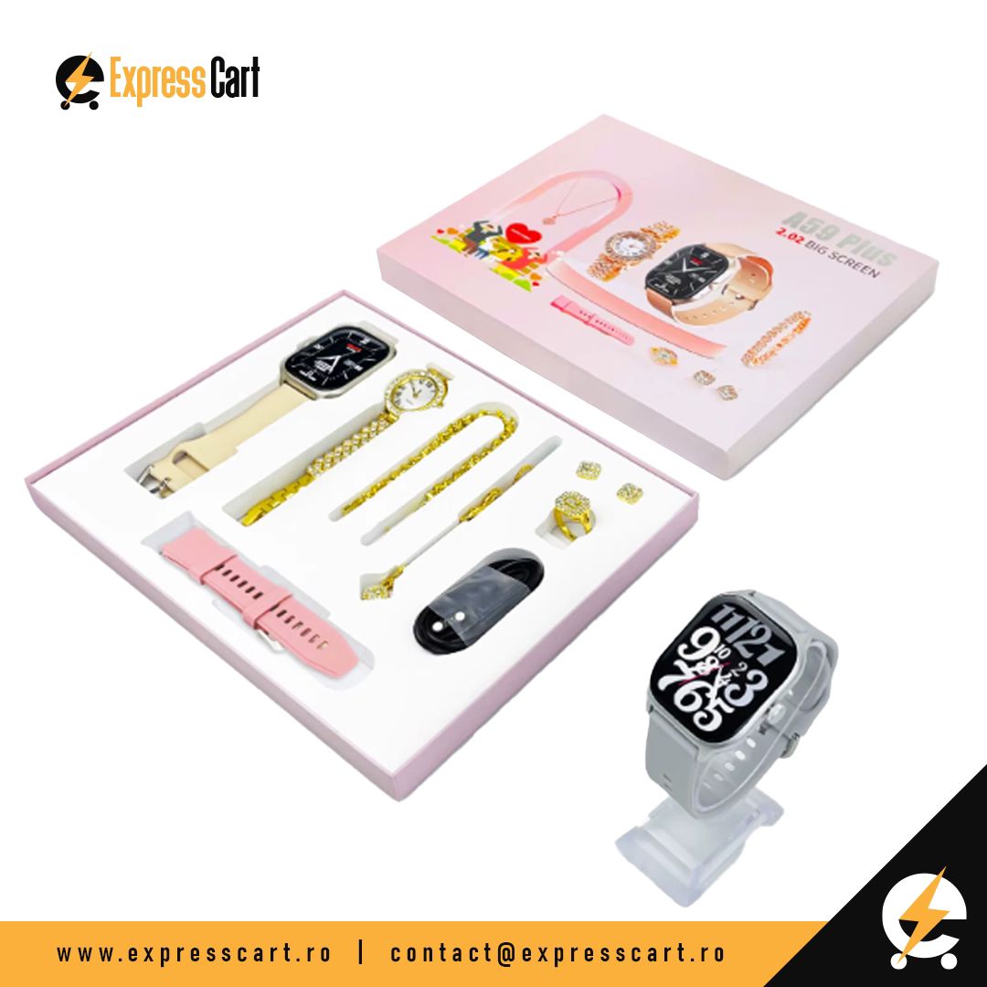 SET Cadou Smartwatch A58 PLUS 8 in 1 si bijuterii