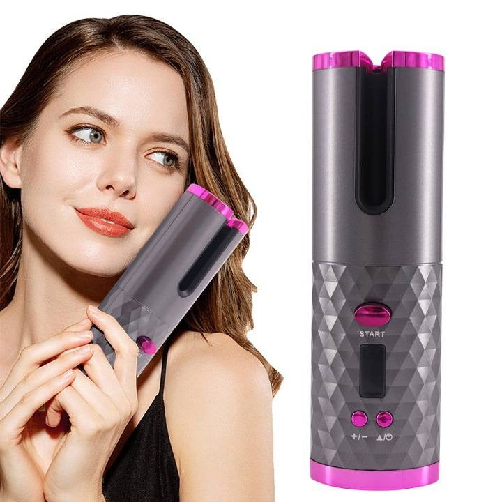 Ondulator de par wireless, Ceramica, Incarcare USB, Display LED, 6 Trepte temperatura, 200C, Roz/Gri