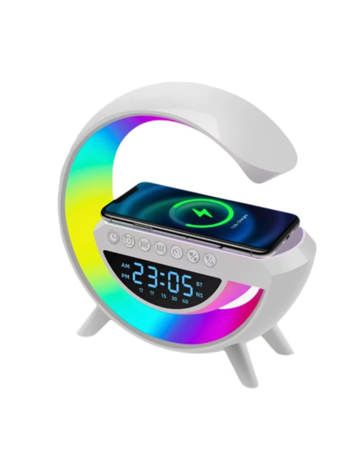 Lampa Smart Multifunctionala 4 in 1, Ceas digital, Alarma, Radio, Boxa Bluetooth, Difuzor 5W, Lumini ambientale LED cu sincronizare muzicala, Incarcator wireless 15W, App control, Alb