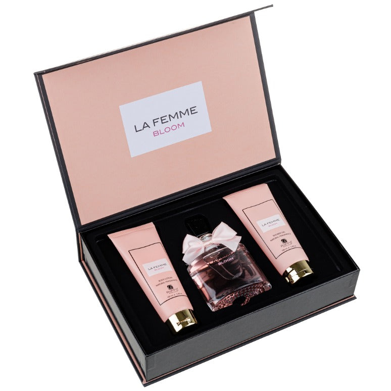 Set Cadou La Femme Bloom Apa de Parfum 100ml + Gel De Dus 100ml + Lotiune de corp 100ml, Riiffs