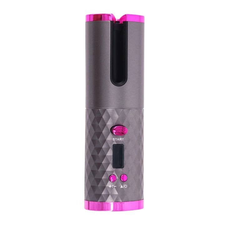 Ondulator de par wireless, Ceramica, Incarcare USB, Display LED, 6 Trepte temperatura, 200C, Roz/Gri