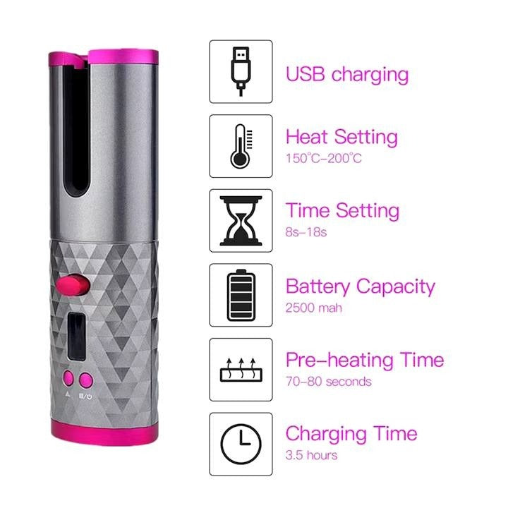 Ondulator de par wireless, Ceramica, Incarcare USB, Display LED, 6 Trepte temperatura, 200C, Roz/Gri