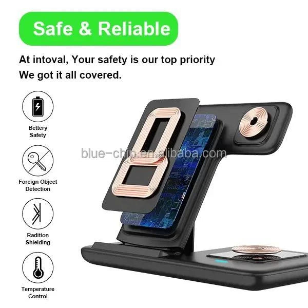 Statie de incarcare wireless 3 in 1, Fast Charger 15W, Pliabila LED Design, Negru