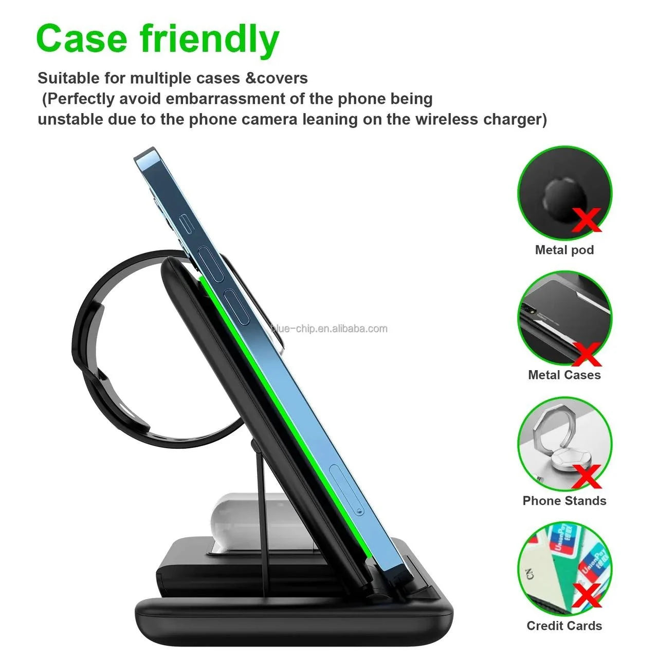 Statie de incarcare wireless 3 in 1, Fast Charger 15W, Pliabila LED Design, Negru