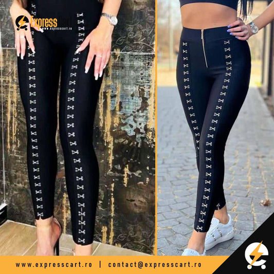 Pantaloni dama negri cu copci metalice&nbsp;