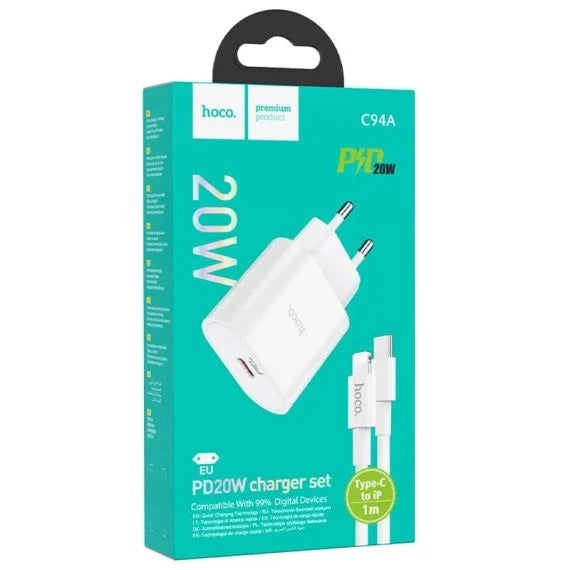 Incarcator HOCO + Cablu Lightning, PD20W, 1xUSB-C, Programmable Power Supply, Alb